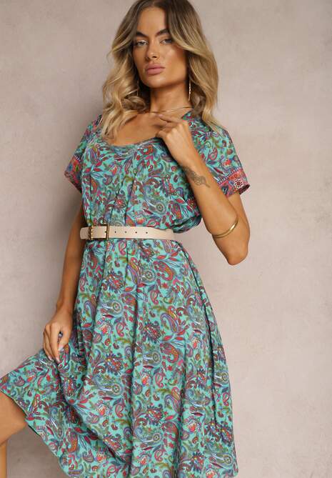 Zielona Rozkloszowana Sukienka z Wiskozy w Kwiaty Rivanira