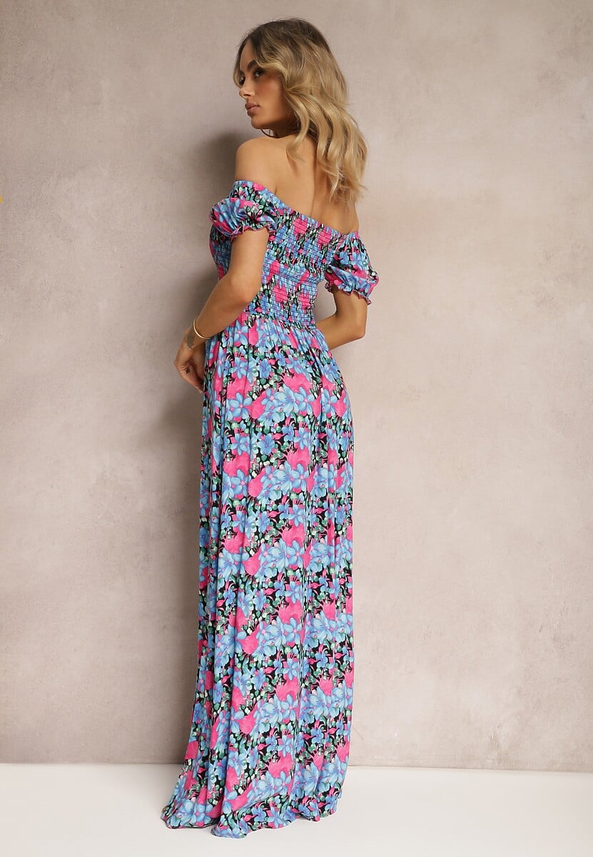 Fioletowo-Niebieska Hiszpanka Sukienka o Rozkloszowanym Kroju i Gumkami przy Dekolcie Kaseria