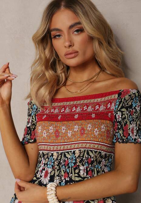 Czarno-Czerwona Sukienka z Hiszpańskim Dekoltem z Bawełny w Kwiaty Jenefera