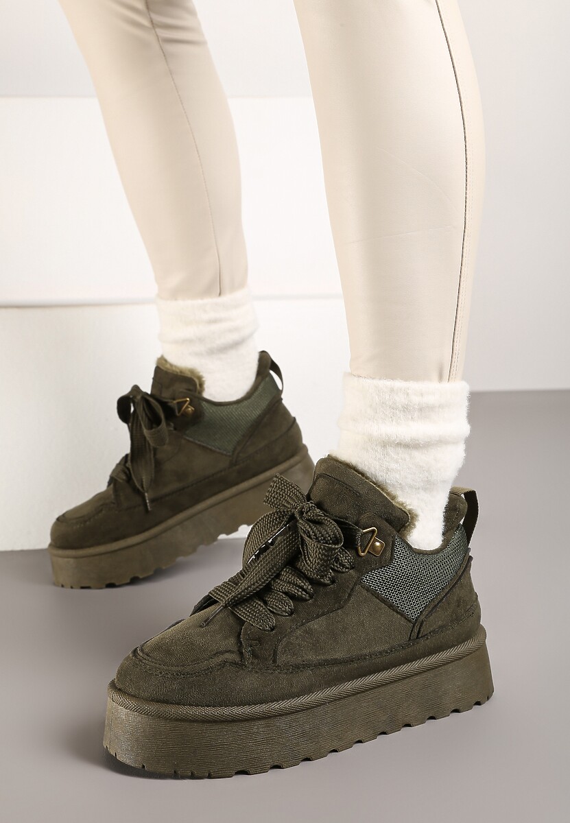Ciemnozielone Sneakersy na Niskiej Platformie Mocno Ocieplane Tifilie