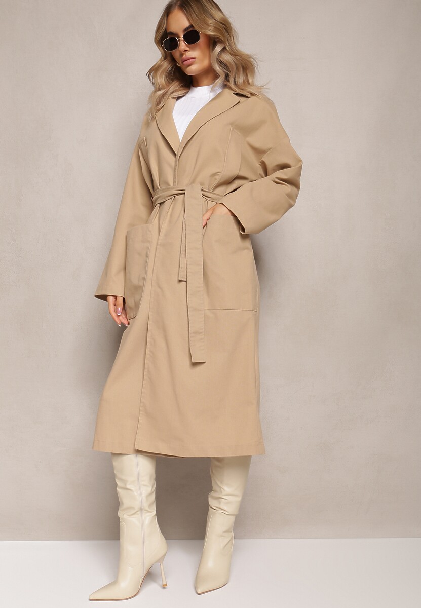 Zielony Płaszcz z Wiązanym Paskiem Oversize Terethia