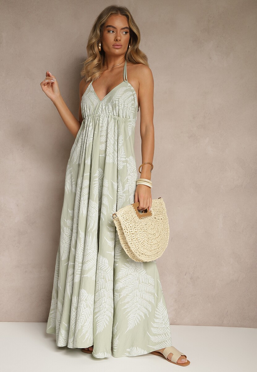 Zielona Rozkloszowana Sukienka z Wiskozy Wiązana z Tyłu Izira