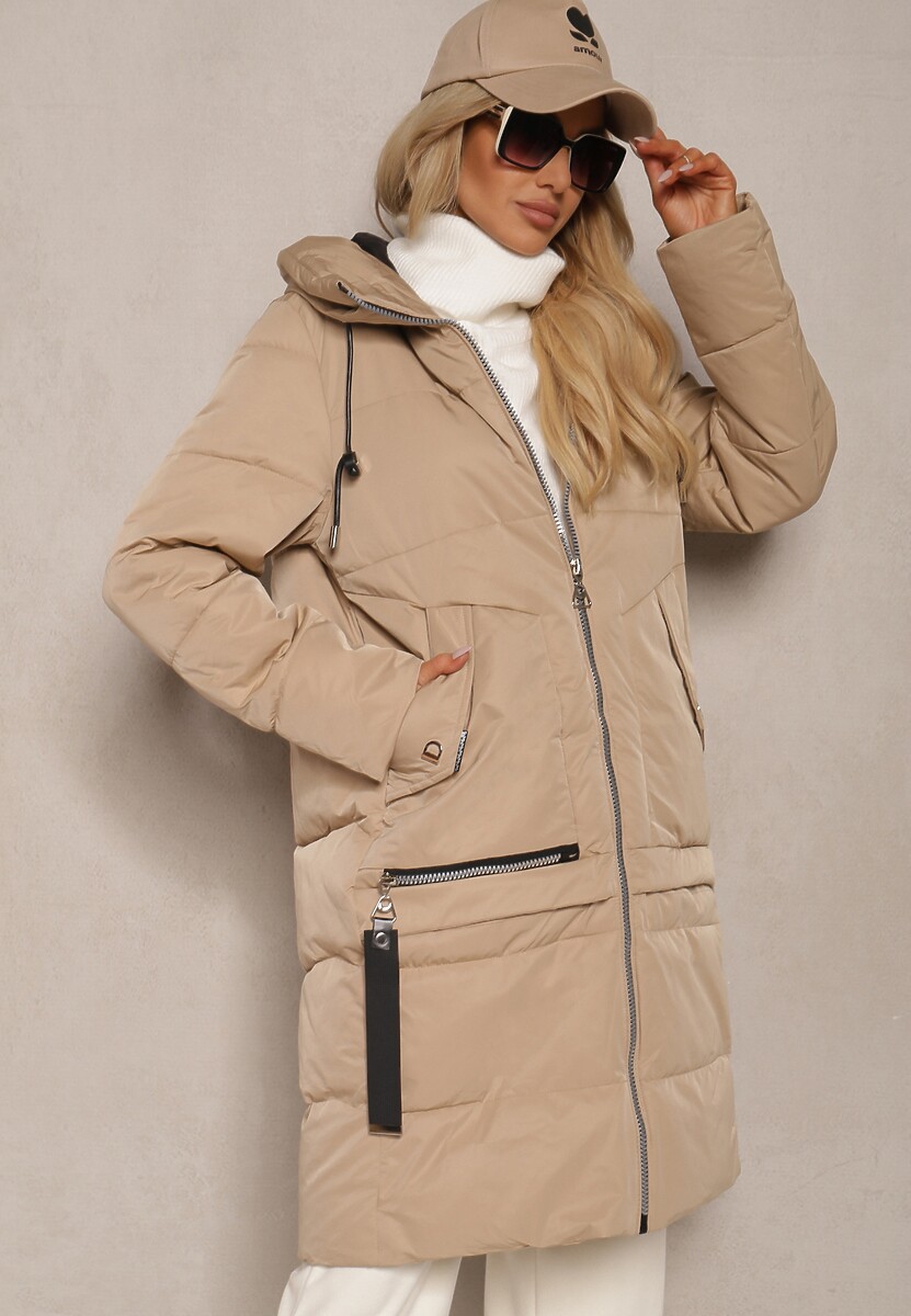 Ciemnobeżowa Kurtka z Pikowaniem o Prostym Fasonie z Kapturem Kieszeniami i Ozdobnym Suwakiem Mirimae