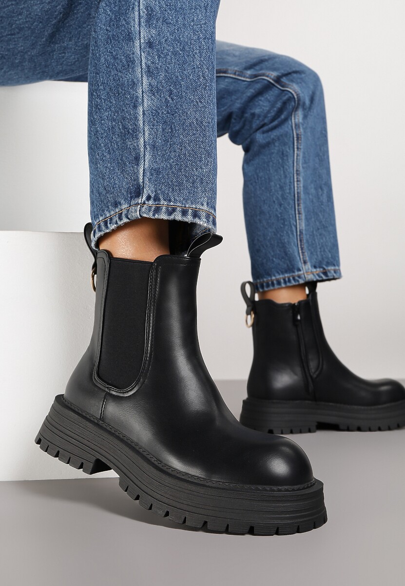 Czarne Botki Sztyblety na Platformie z Tłoczeniem Zarillea