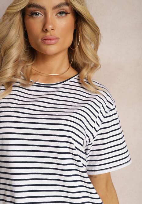 Biały T-shirt z Bawełny z Koronkową Wstawką w Paski Plastina