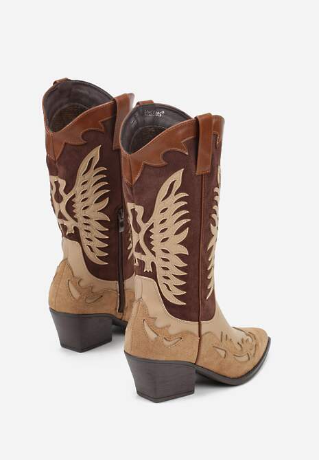 Brązowe Botki Kowbojki na Stożku z Tłoczoną Cholewką Badilora