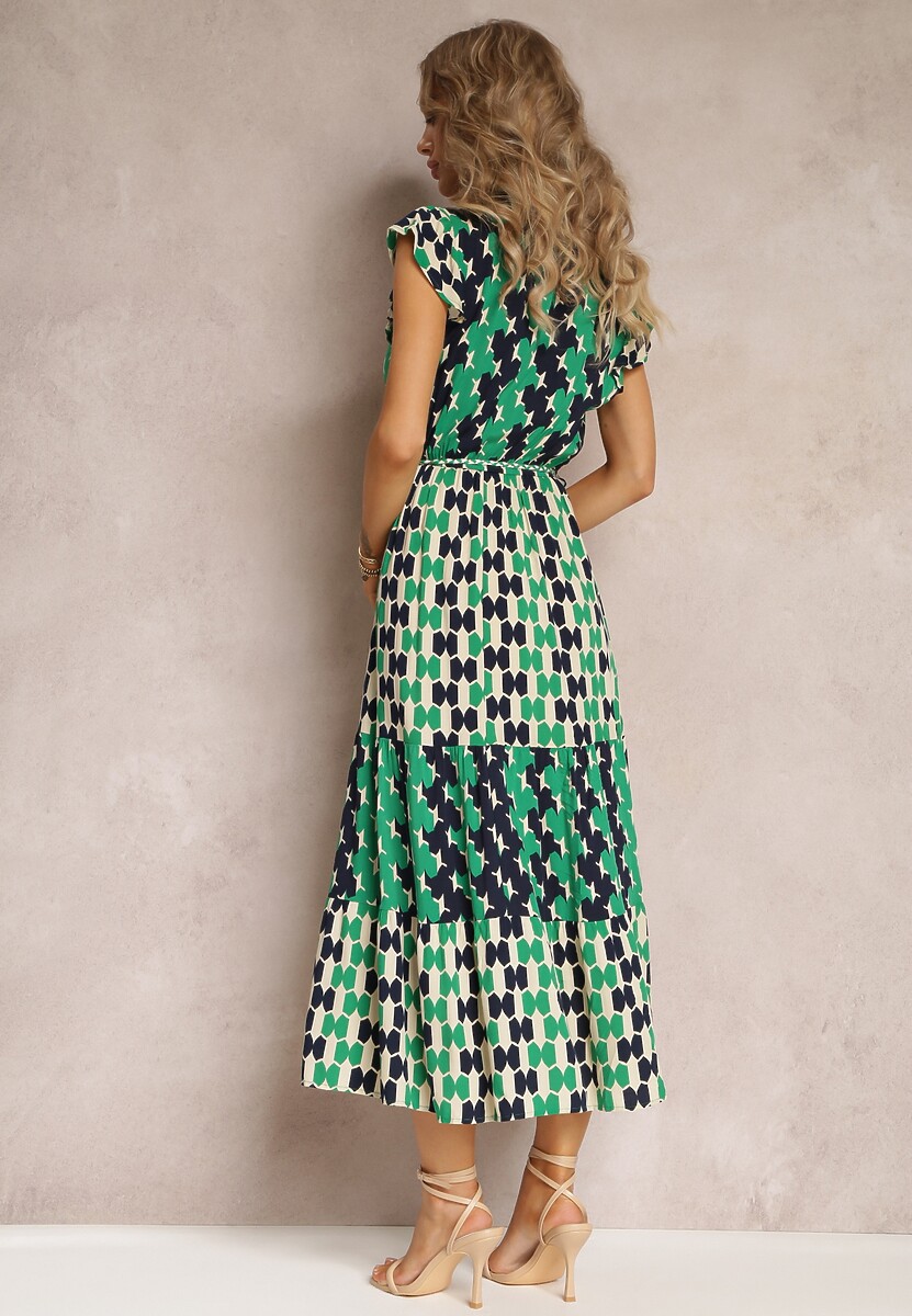 Zielona Wiskozowa Sukienka Maxi z Gumką w Talii i Falbankami przy Ramionach Baldise