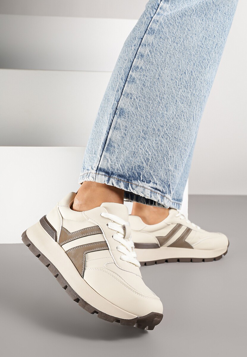 Beżowe Sneakersy na Grubej Podeszwie Zdobione Przeszyciami Lulline
