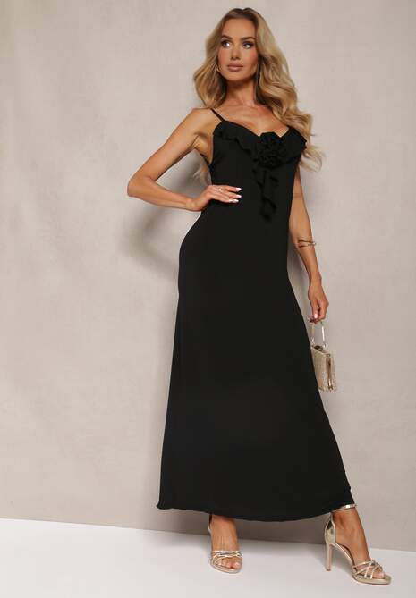 Czarna Sukienka Koktajlowa o Dopasowanym Kroju z Ozdobną Broszką Kwiatkiem i Falbaną Vikassa