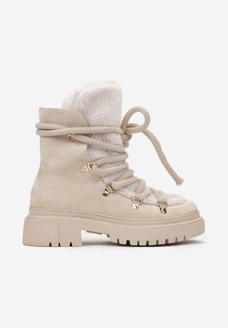 Beżowe Traperki Wiązane na Sznurek Ozdobione Kożuszkiem Sidonnie