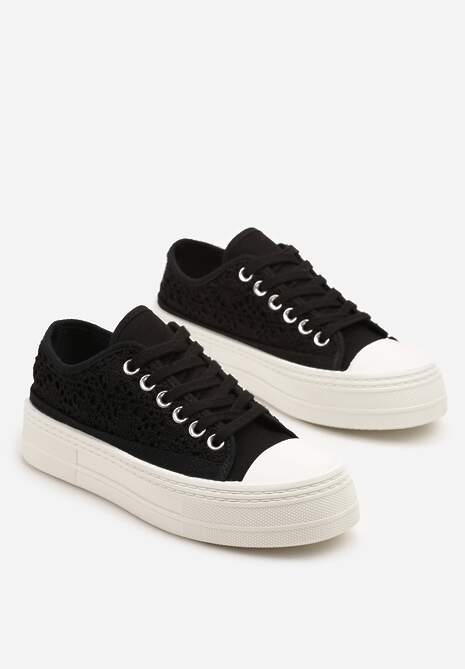 Czarne Trampki na Platformie Ozdobione Plecionką Ronliera