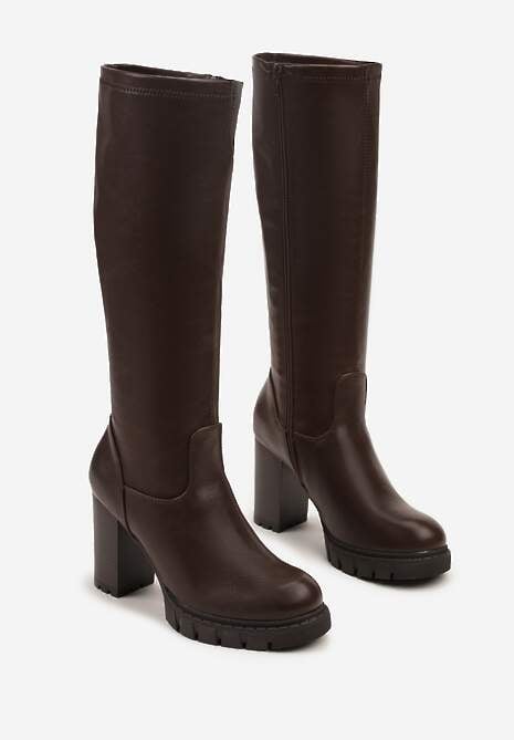 Brązowe Kozaki na Słupku i Platformie z Dopasowaną Cholewką Latallea