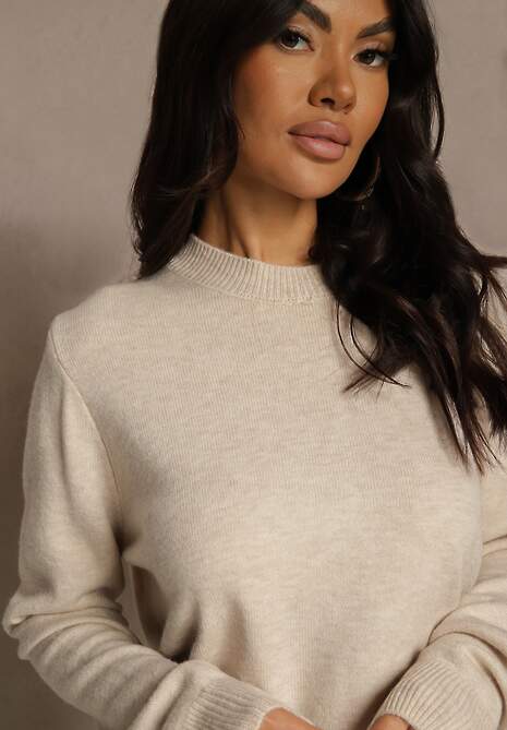 Beżowy Klasyczny Sweter z Wełną i Bawełną Bez Zdobień Neandia