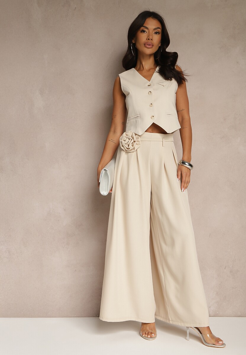 Niebieskie Spodnie Palazzo Ozdobione Broszką Kwiatem Lirace