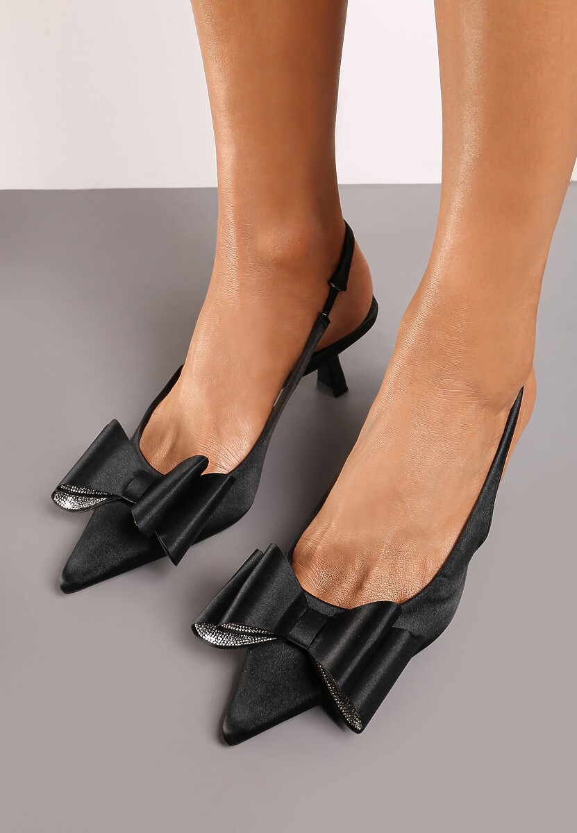 Czarne Czółenka Satynowe na Szpilce Kaczuszce Ozdobione Cyrkoniami i Kokardą Felabra