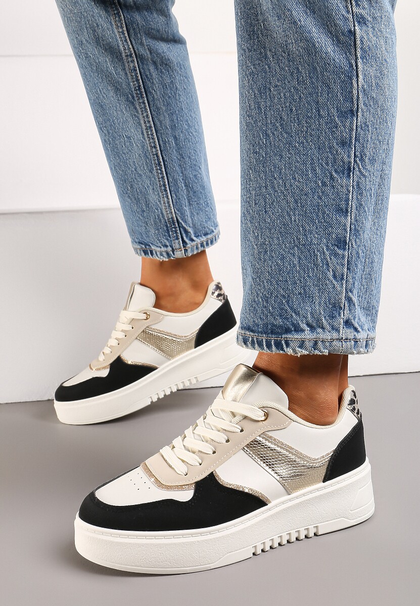Beżowo-Czarne Sneakersy na Platformie z Brokatowymi Akcentami Sellona