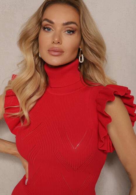 Czerwony Golf Top w Prążki z Falbanką Wokół Ramion Kelissa