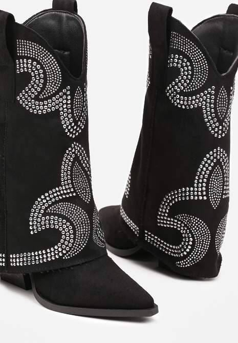 Czarne Botki Kowbojki na Słupku Wykończone Wywiniętą Nogawką z Cyrkoniami Evisya