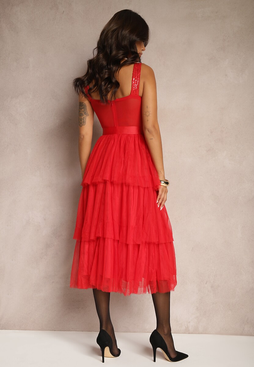 Czerwona Koktajlowa Sukienka na Ramiączkach Ozdobiona Cekinami Falbanami i Kokardą Inalisa