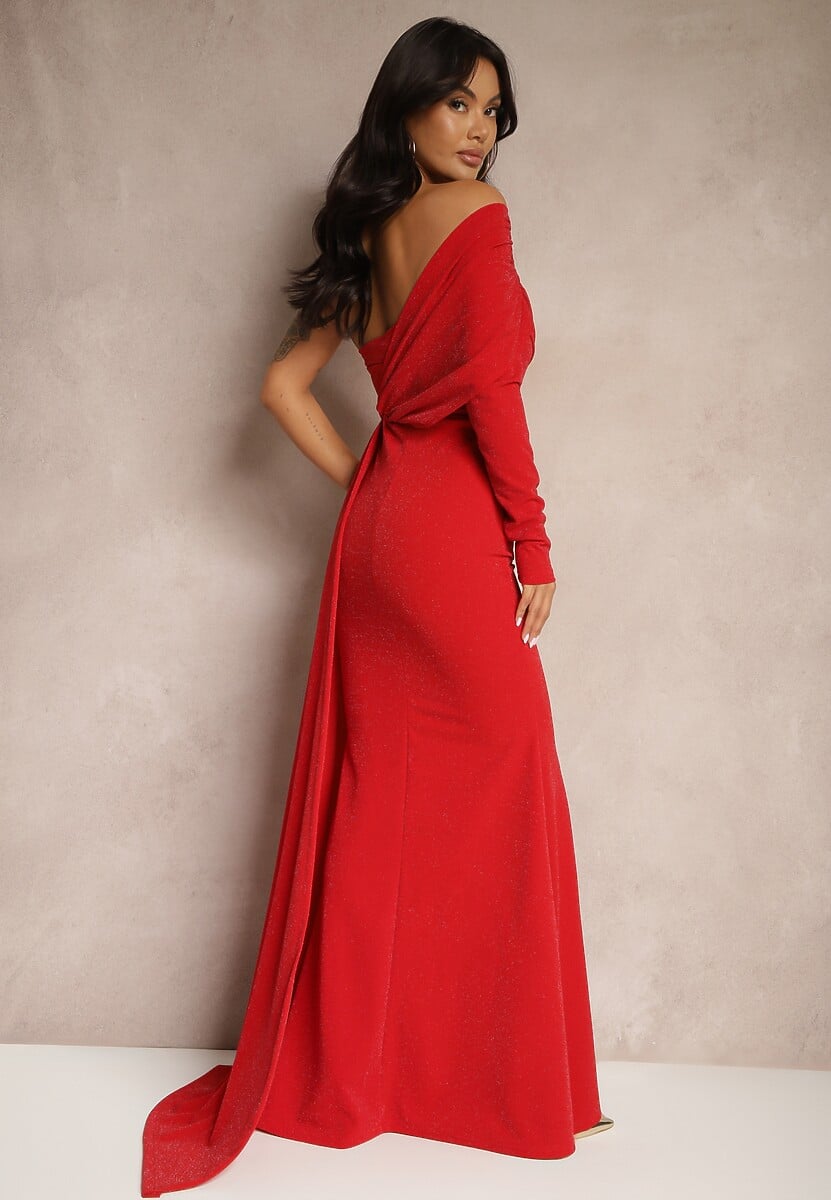 Czerwona Wieczorowa Sukienka Asymetryczna na Jedno Ramię z Trenem i Metaliczną Nicią Emivonia