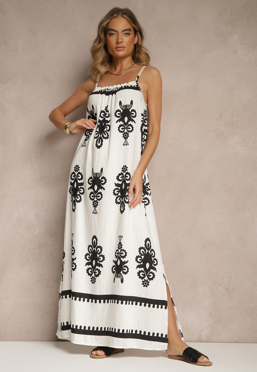 Czarna Rozkloszowana Sukienka na Ramiączkach w Ornamentalny Print Reveleine