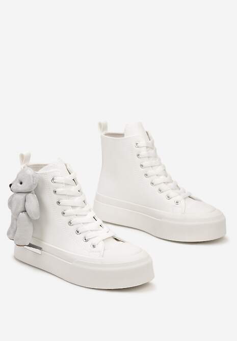 Białe Trampki za Kostkę na Grubej Podeszwie z Aplikacją w Kształcie Misia Ivarina
