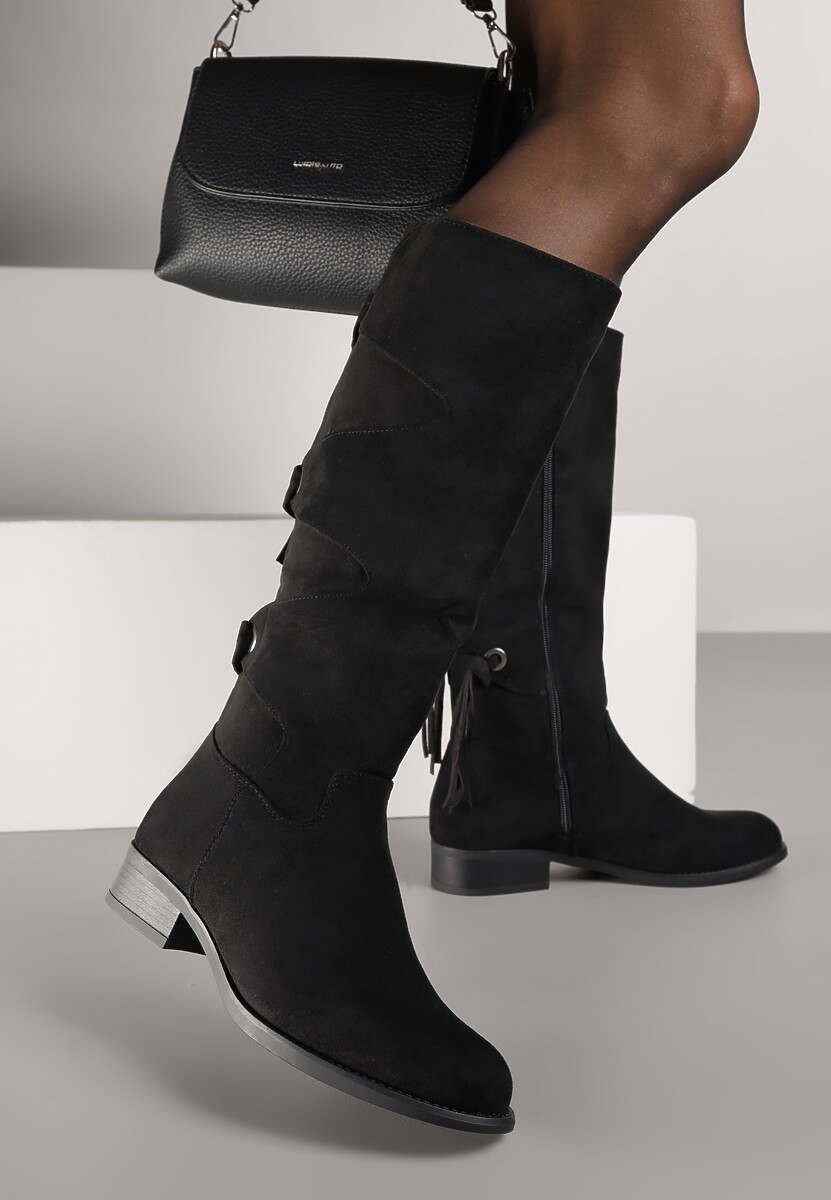 Czarne Ekozamszowe Kozaki z Cholewką Ozdobioną Frędzlami Realenna