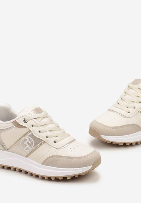 Beżowe Sznurowane Sneakersy z Brokatem i Siateczką na Grubej Podeszwie Leviria