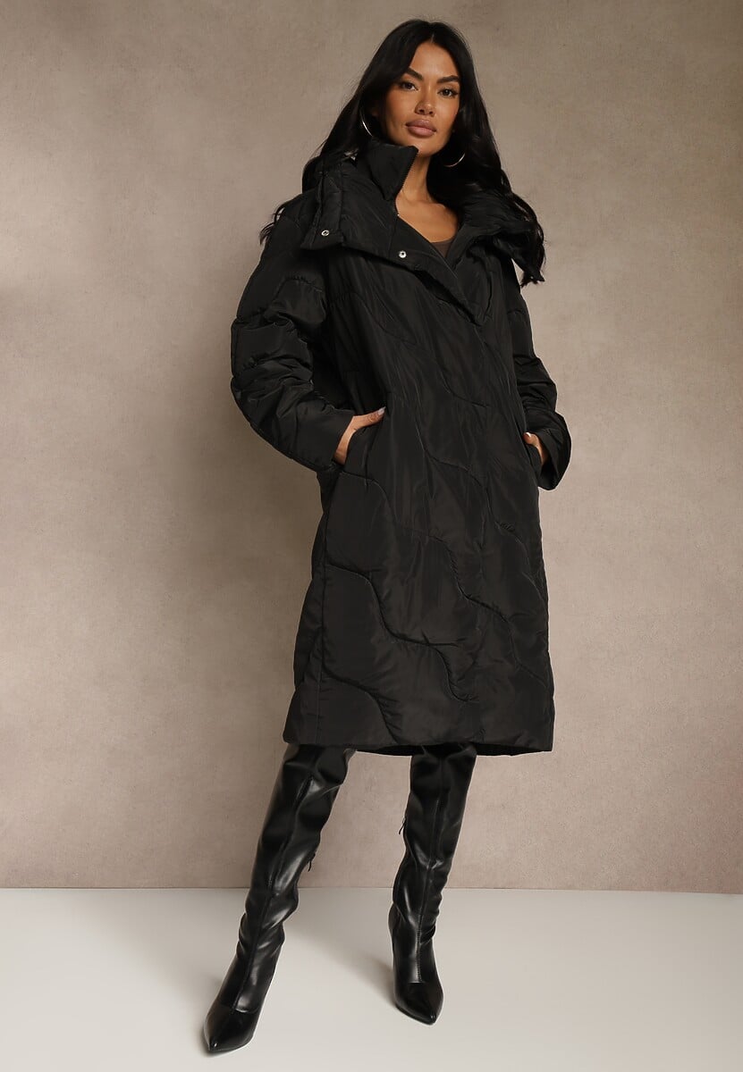 Beżowa Pikowana Kurtka Płaszcz za Kolano z Kapturem Kelotta