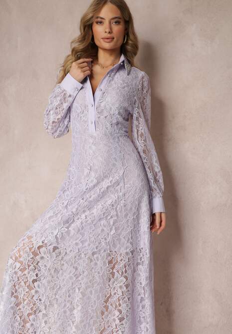 Fioletowa Koszulowa Sukienka Maxi z Ozdobnymi Guzikami i Cyrkoniami z Koronkowej Tkaniny Armina