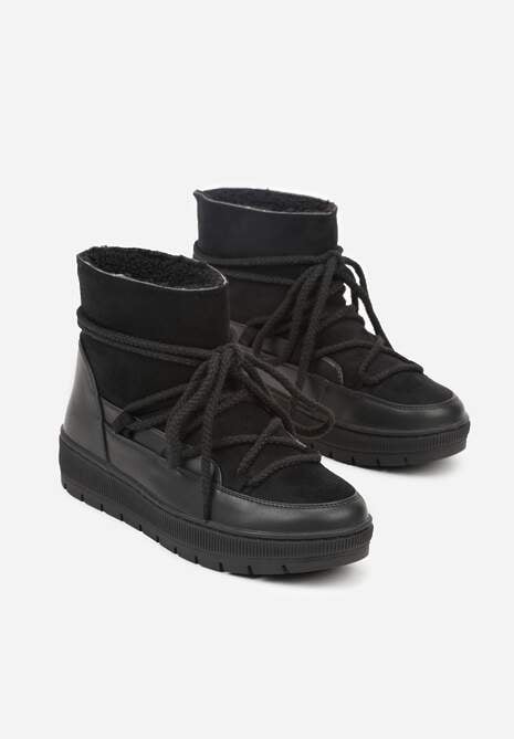 Czarne Sznurowane Śniegowce ze Wsuwaną Cholewką i Futerkiem Typu Baranek Mevirania