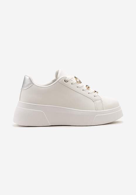 Biało-Srebrne Casualowe Sneakersy na Platformie z Cyrkoniami i Zawieszkami na Sznurowadłach Timawel
