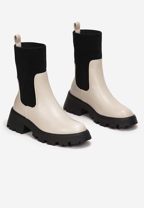 Beżowe Botki Sztyblety z Elastyczną Cholewką Naka