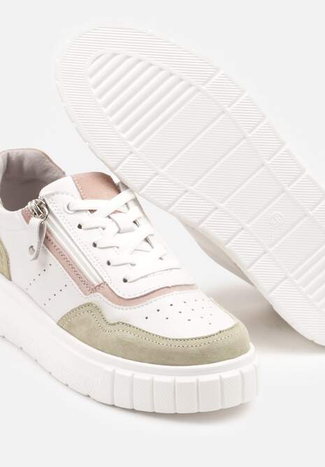 Biało-Zielone Streetwearowe Sneakersy ze Skóry Naturalnej z Ozdobnym Suwakiem Eleavenna