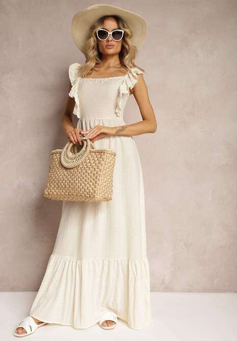 Jasnobeżowa Sukienka z Wiązaniem na Plecach na Ramiączkach z Falbankami i Gumką w Pasie Rollas