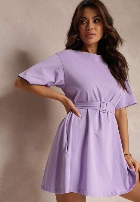 Fioletowa Rozkloszowana Sukienka Mini z Bawełny z Dodatkowym Paskiem Seibeia