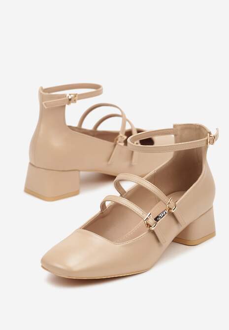 Beżowe Czółenka Wykończone Paseczkami i Kwadratowym Noskiem Fenena