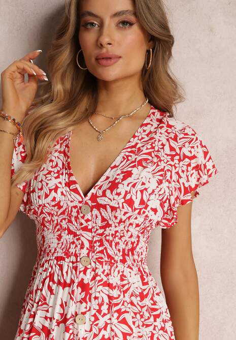 Czerwono-Biała Wiskozowa Sukienka Maxi z Gumką w Talii i Falbankami Maethia