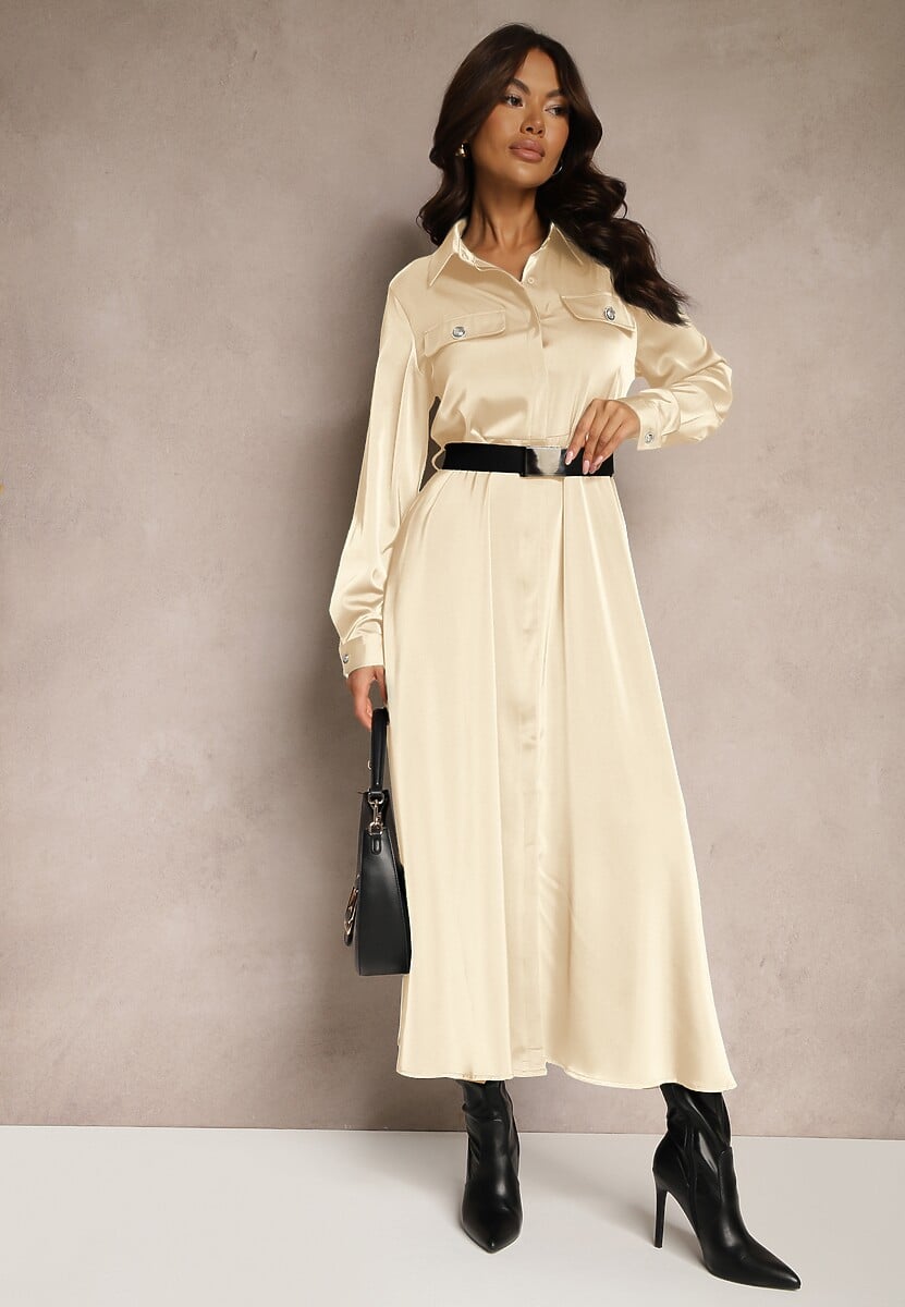 Bordowa Satynowa Sukienka w Stylu Szmizjerki z Imitacjami Kieszeni i Paskiem Vaminay