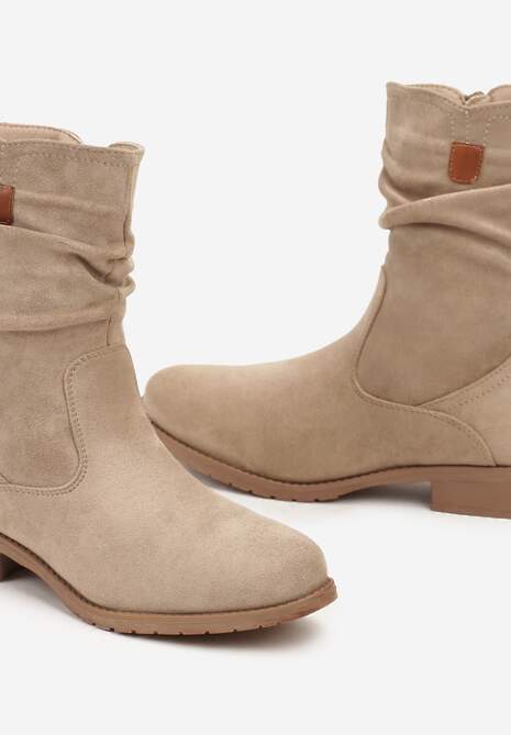 Beżowe Botki z Cholewką za Kostkę z Ozdobnymi Marszczeniami Merivinae