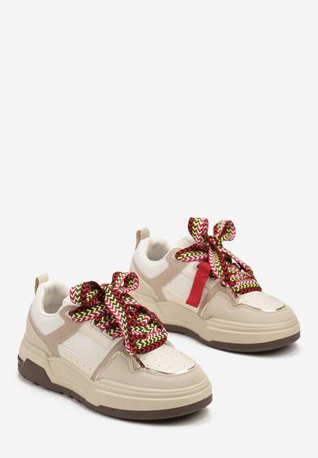 Ciemnobeżowe Sneakersy na Płaskiej Podeszwie z Grubymi Sznurówkami i Przeszyciami Joliat