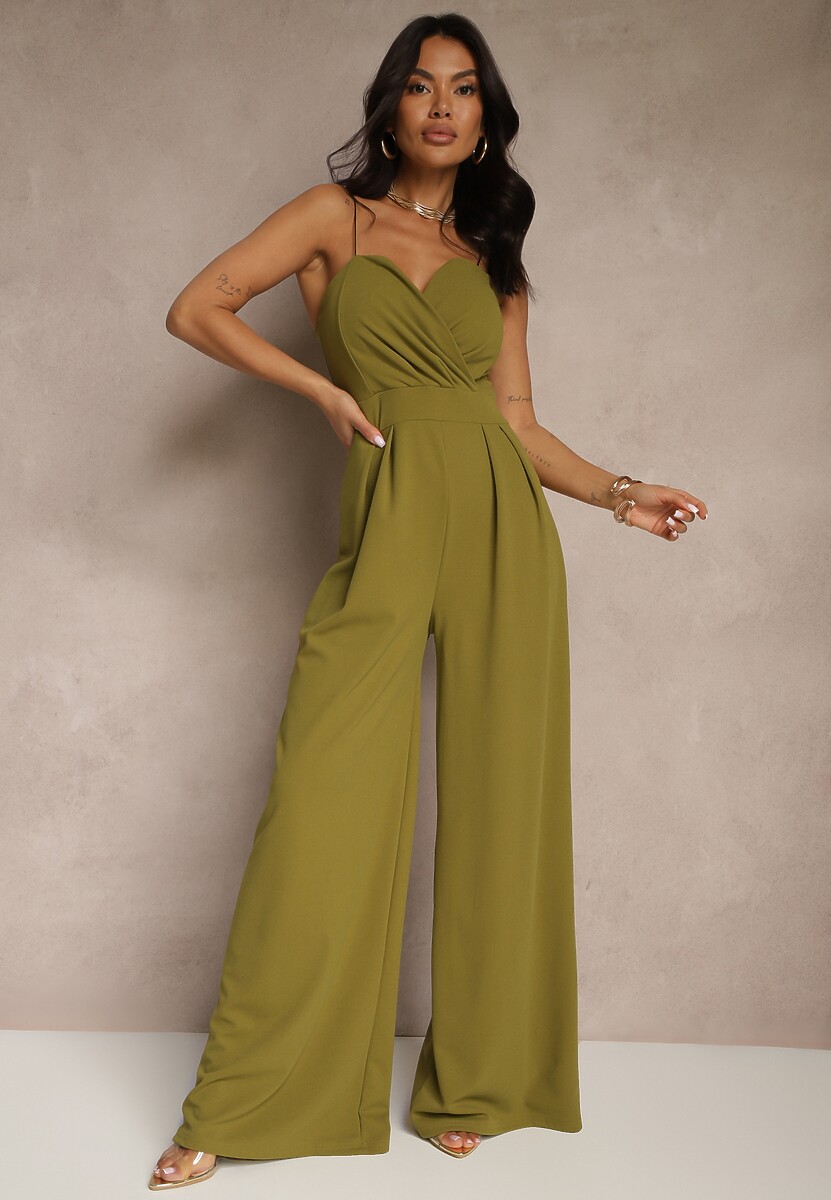 Jasnozielony Kombinezon na Cienkich Ramiączkach z Kopertowym Dekoltem i Szerokimi Nogawkami Jovantia