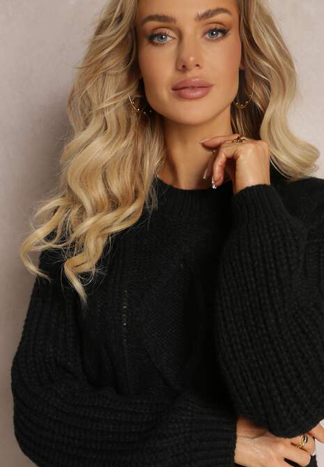 Czarny Klasyczny Sweter z Modnym Splotem Wykończony Ściągaczami Viala