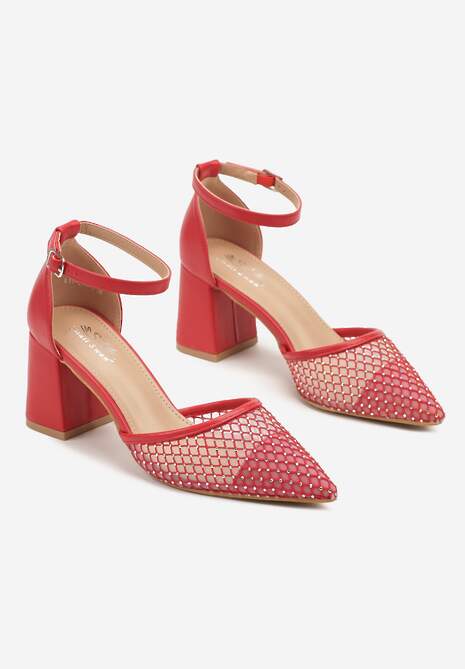 Czerwone Czółenka na Słupku z Siateczkową Cholewką i Cyrkoniami Ariveli