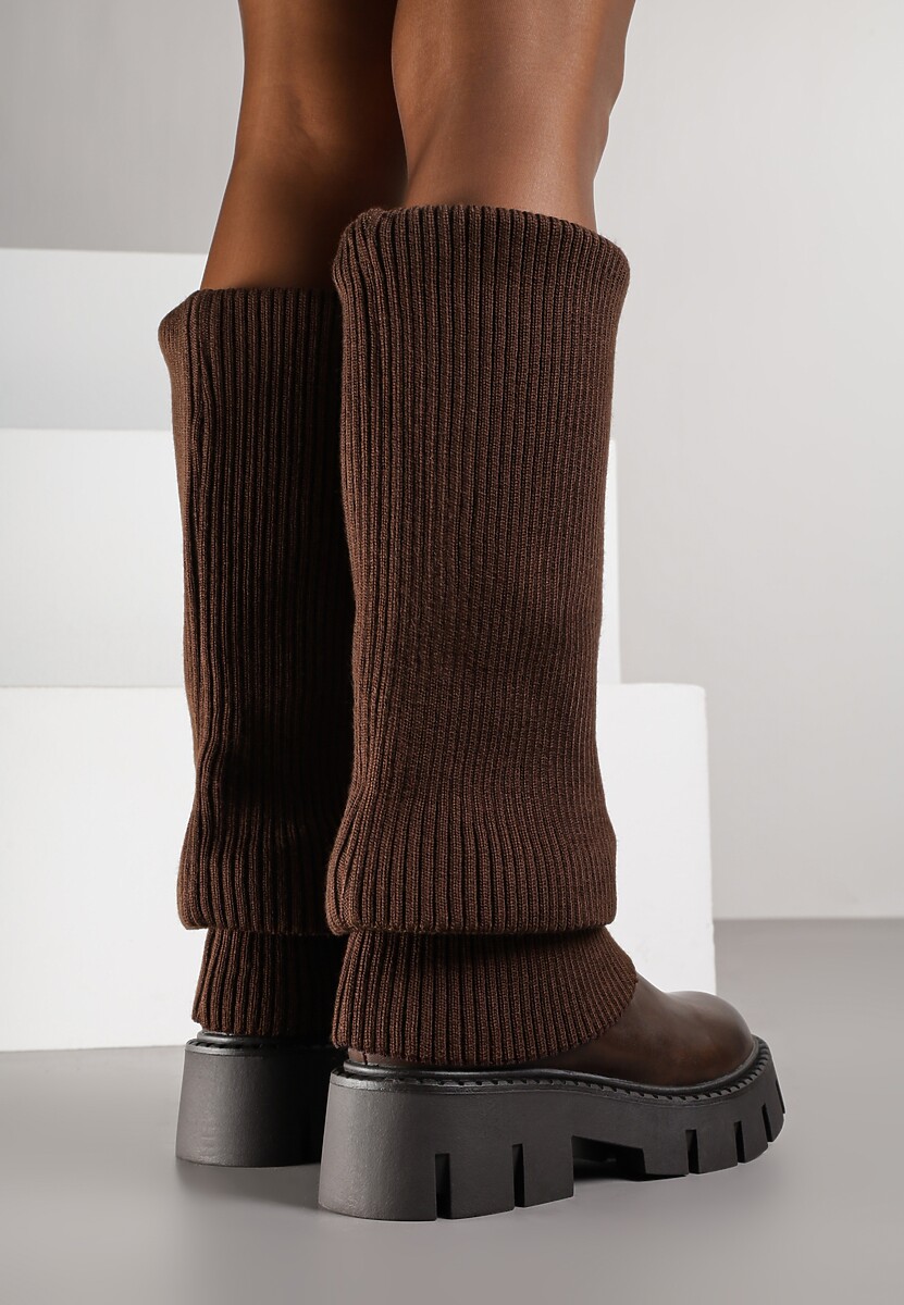 Brązowe Kozaki Chunky z Dzianinową Cholewką Imitującą Nogawkę Fenema