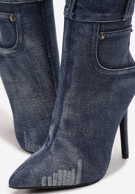 Niebieskie Jeansowe Kozaki przed Kolano na Szpilce Tusmma