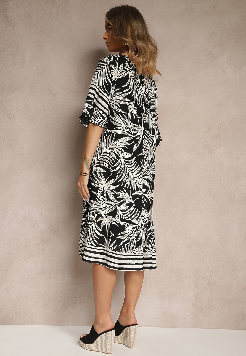 Czarna Pudełkowa Sukienka Zdobiona Roślinnym Printem i Wiązaniem przy Dekolcie Miranissa