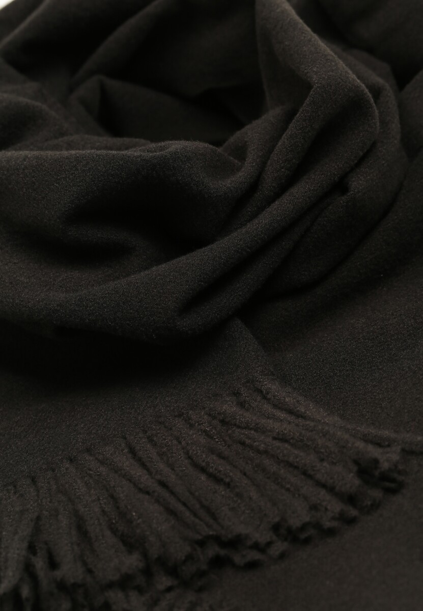 Czarny Długu Szalik Wiskozowy z Wełną Ozdobiony Frędzlami Portina