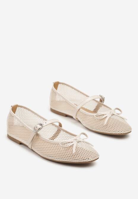 Beżowe Siateczkowe Balerinki Vices z Paskiem z Klamrą i Ozdobną Kokardką Niladiela