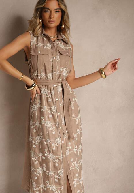 Ciemnobeżowa Sukienka Koszulowa z Wiązanym Paskiem i Haftowanym Zdobieniem Malenea